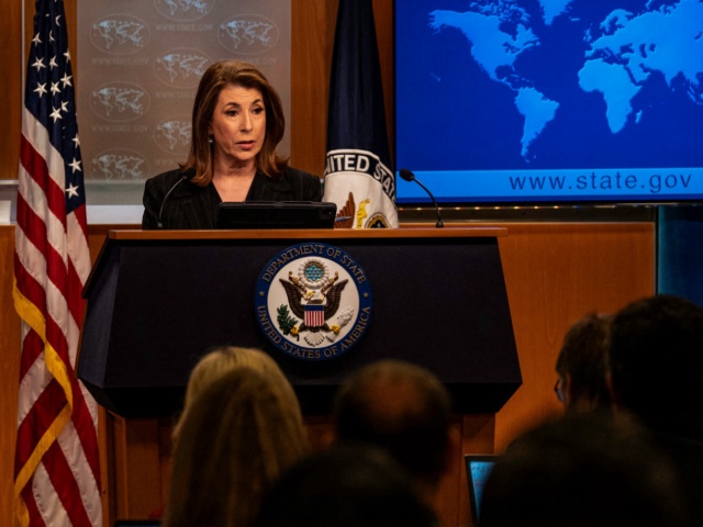 Spokesperson Tammy Bruce talks on a variety of subjects including peace in Gaza and Ukraine and takes questions at the US Department of State Press Briefing on April 10, 2025 in Washington, D.C. (Photo by Andrew Thomas / Middle East Images / Middle East Images via AFP) (Photo by ANDREW THOMAS/Middle East Images/AFP via Getty Images)