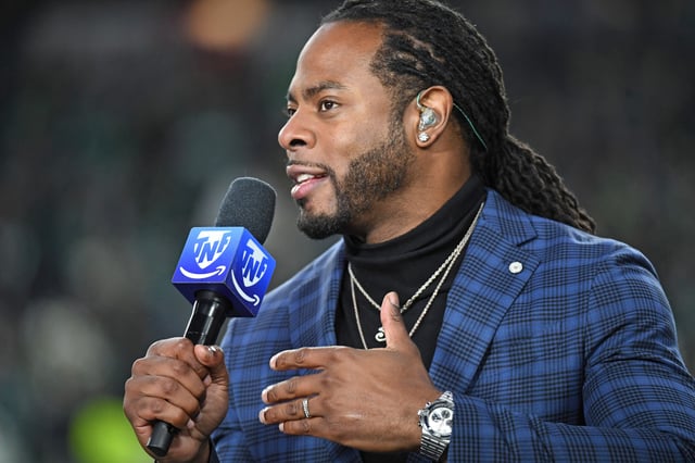 "Thursday Night Football" analyst Richard Sherman talks during a pregame show before a game between the Philadelphia Eagles and Washington Commanders at Lincoln Financial Field on Nov. 14, 2024.