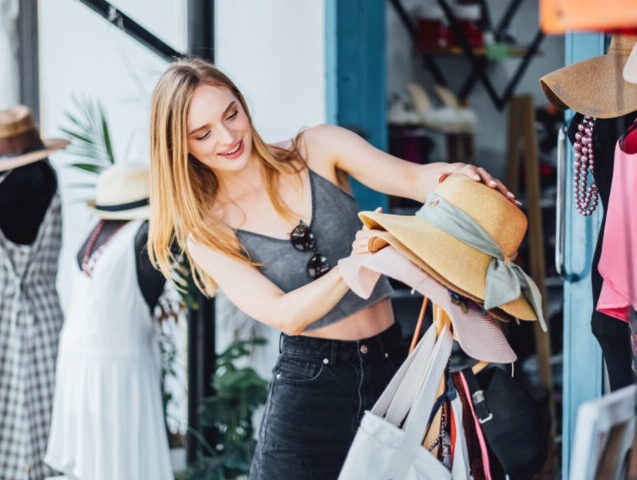 Thrift store, second hand shopping, garage sales and eco-friendly life concept.
