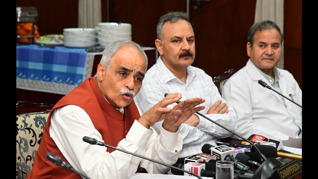 PGIMER director Dr Vivek Lal interacting with media on Tuesday. (Ravi Kumar/HT)