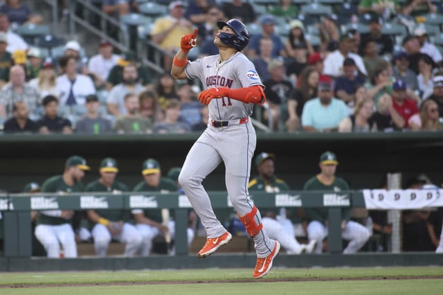 Houston Astros&#39; Cam Smith celebrates his second solo home run of the game against the Athletics during the fourth inning of a baseball game Tuesday, June 17, 2025, in West Sacramento, Calif. (AP Photo/Scott Marshall)