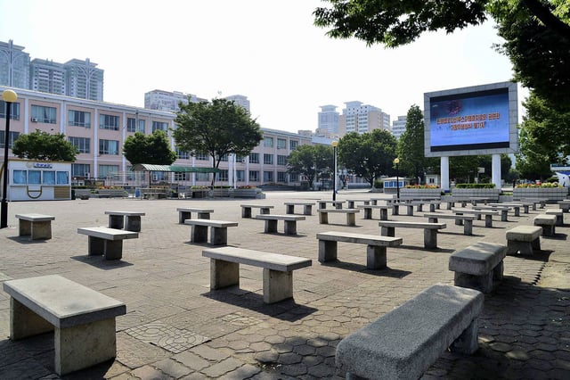 No pedestrians are seen in front of Pyongyang's main train station amid growing fears over the spread of COVID-19 on May 23, 2022.