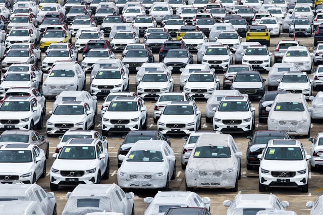 A drone view shows cars for export sitting at a port in Nanjing, Jiangsu province, China June 9, 2025. cnsphoto via REUTERS/File Photo
