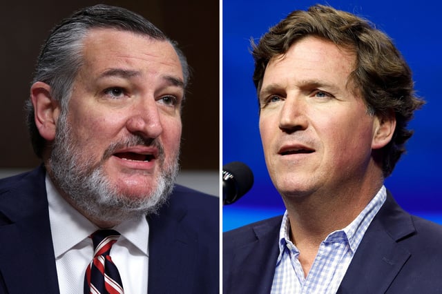 Senator Ted Cruz pictured in the Dirksen Senate Office Building on April 02, 2025 in Washington, DC (left) and Tucker Carlson at a Turning Point Action campaign rally at the Gas South Arena on October 23, 2024 in Duluth, Georgia (right).