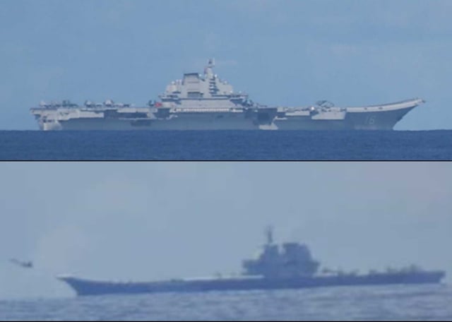 Chinese aircraft carriers CNS Liaoning, top, and CNS Shandong, bottom, operate in the western Pacific in June.
