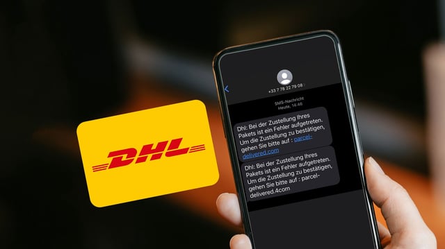 Eine Hand mit Smartphone, das eine deutschsprachige Textnachricht zeigt. Neben dem Smartphone befindet sich das DHL-Logo auf gelbem Hintergrund.