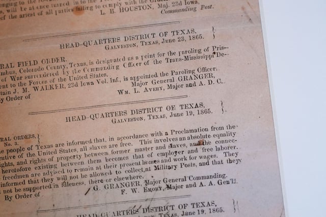 A view of a section of the 1865 Juneteenth General Order No. 3 that is displayed by the Dallas Historical Society at the Fair Park Hall of State in Dallas, Friday, June 6, 2025.