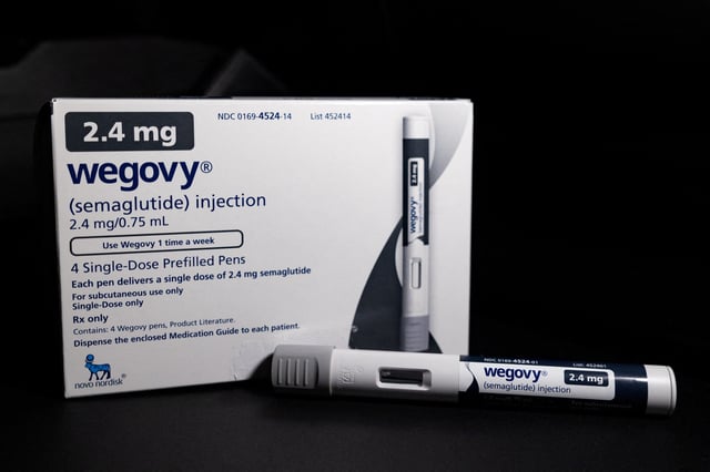 Wegovy presentation is displayed in New Columbia, Pennsylvania, U.S., November 13, 2023. REUTERS/Hannah Beier/Illustration/File Photo