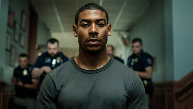 Aaron Pierre in a police station in Rebel Ridge.