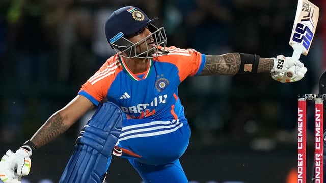 India's T20I captain Suryakumar Yadav plays a shot.
