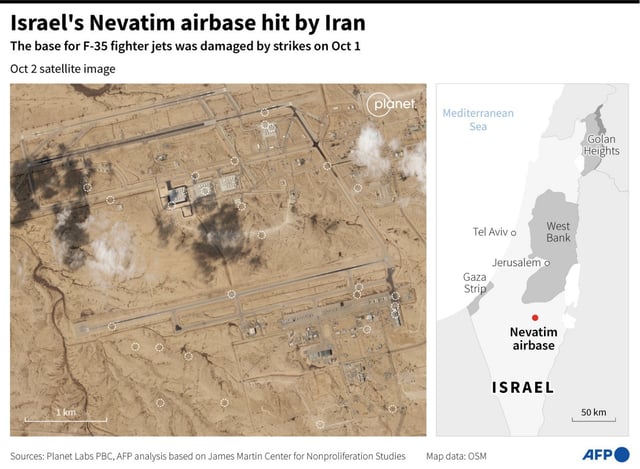 Satellite image from October 2, 2024 showing Israel's Nevatim airbase damaged by Iranian strikes on Oct 1, 2024