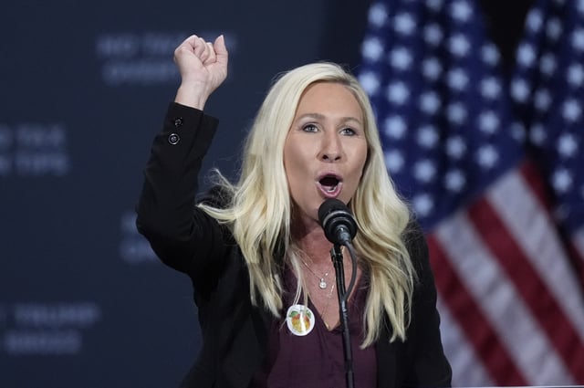 Rep. Marjorie Taylor Greene, R-Ga., speaks before Republican presidential nominee former President Donald Trump at a campaign event at the Cobb Energy Performing Arts Centre, Tuesday, Oct. 15, 2024, in Atlanta.