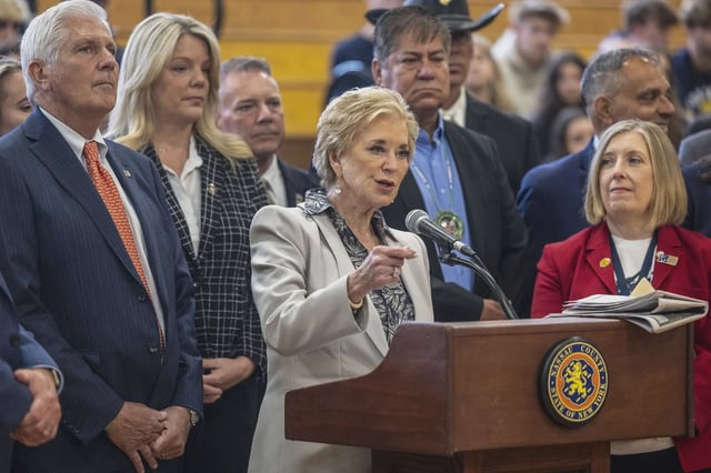U.S. Secretary of Education Linda McMahon joined Nassau County Executive Bruce Blakeman during a press conference at Massapequa High School, in Massapequa Park, New York on May 30, 2025 discussing New York State's ban on Native American mascots.