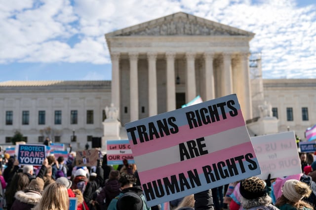 Transgender rights supporters rally outside of the Supreme Court on Dec. 4, 2024.