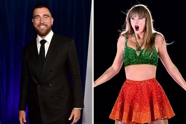 (L) Travis Kelce attends the 2022 ESPYs at the Dolby Theatre on July 20, 2022 in Hollywood, California. (R) Taylor Swift performs during her Eras Tour at the Principality Stadium on June 18, 2024 in Cardiff, Wales.