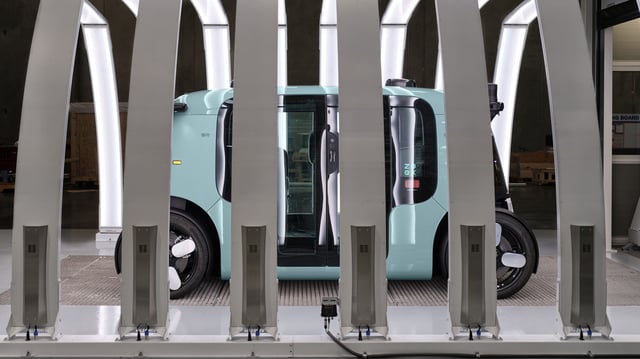 A Zoox robotaxi is seen in the company’s factory in Hayward.
