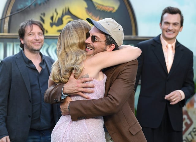 LONDON, ENGLAND - JUNE 17: Scarlett Johansson hugs Jonathan Bailey as they attend the &#34;Jurassic World Rebirth&#34; World Premiere at the Odeon Luxe Leicester Square on June 17, 2025 in London, England. (Photo by Joe Maher/Getty Images)