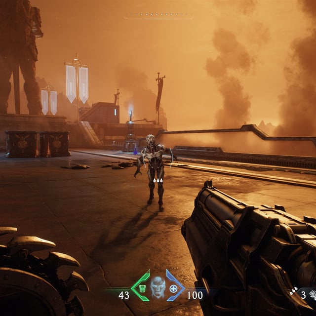 A screenshot of the PC version of Doom: The Dark Ages, showing the visual impact of the use of path tracing