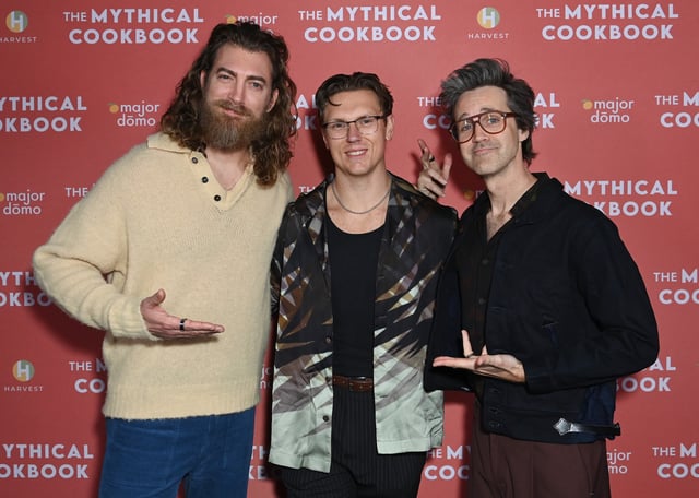 LOS ANGELES, CALIFORNIA - MARCH 07: (L-R) Rhett McLaughlin, Josh Scherer and Link Neal attend The Mythical Cookbook VIP Launch Party at Majordomo on March 07, 2024 in Los Angeles, California. (Photo by Jon Kopaloff/Getty Images for Mythical Entertainment )