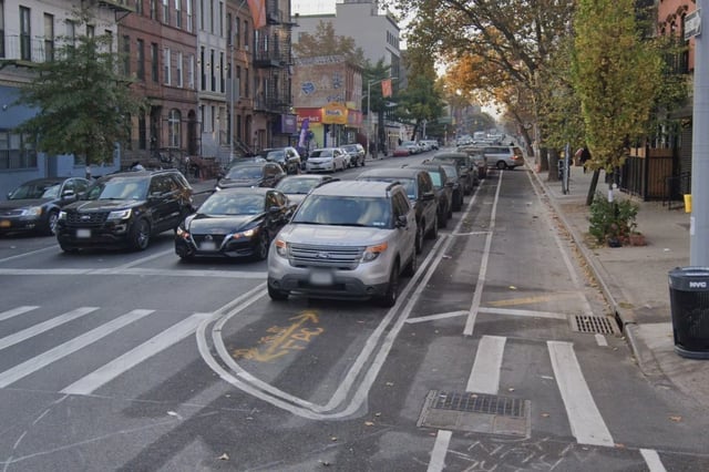 The protected bike lane design on Bedford Avenue, which Mayor Adams is seeking to remove near Flushing Avenue.