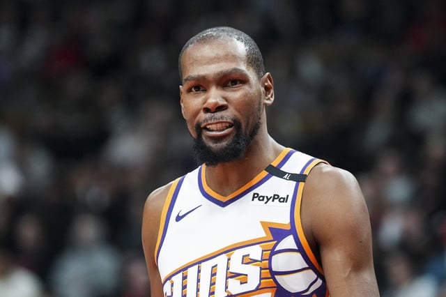 Kevin Durant #35 of the Phoenix Suns looks on against the Toronto Raptors at Scotiabank Arena on February 23, 2025 in Toronto, Canada.