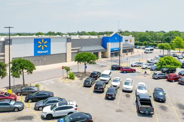 AUSTIN, TEXAS - MAY 15: In an aerial view, a Walmart Supercenter is seen on May 15, 2025 in Austin, Texas. Walmart surpassed first-quarter earnings estimate, while falling short of quarterly sales. Chief Financial Officer John David Rainey has said that consumers could begin to see price hikes as early as later this month due to the various newly enacted Trump administration tariffs.  (Photo by Brandon Bell/Getty Images)