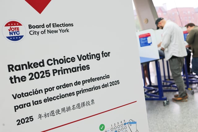 A voting sign is seen during the New York primary elections at the Brooklyn Museum on June 17, 2025 in the Prospect Heights neighborhood of the Brooklyn borough in New York City.
