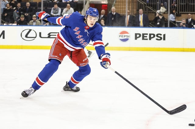 Apr 17, 2025; New York, New York, USA;  New York Rangers center Matt Rempe (73) chases the puck in the first period against the Tampa Bay Lightning at Madison Square Garden. Mandatory Credit: Wendell Cruz-Imagn Images/File Photo