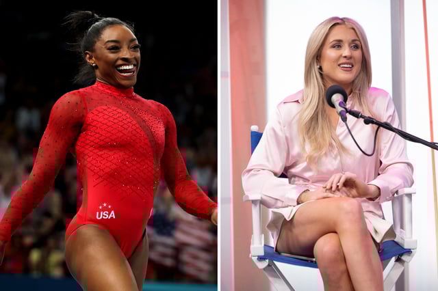 (L) Simone Biles celebrates after finishing her routine during the Artistic Gymnastics Women&#39;s Vault Final on day eight of the Paris Olympic Games at the Bercy Arena on August 3, 2024 in Paris, France. (R) Riley Gaines visits &#34;The Megyn Kelly Show&#34; at the SiriusXM Studios on May 20, 2024 in New York City.