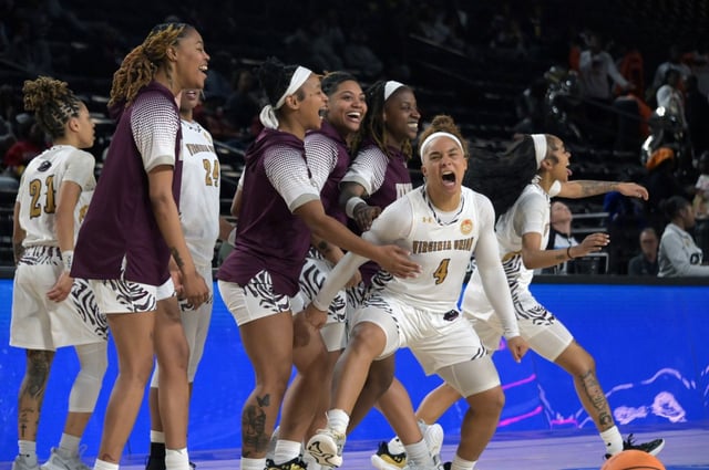 Virginia Union players celebrate their 59-55 ivictory over Clafin University in the quarterfinals of the CIAA Women’s Basketball Tournament at CFG Bank Arena. (Kim Hairston/Staff)