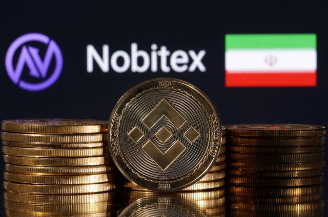 Representations of cryptocurrency Binance are seen in front of displayed Nobitex logo and Iran flag in this illustration taken November 3, 2022. REUTERS/Dado Ruvic/Illustration