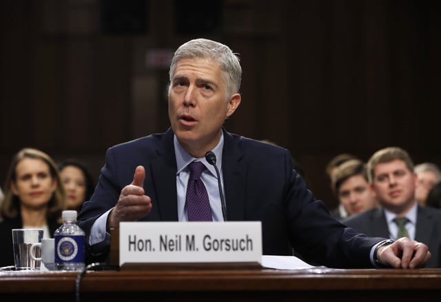 Supreme Court Justice nominee Neil Gorsuch speaks on Capitol Hill in Washington, Tuesday, March 21, 2017, during his confirmation hearing before the Senate Judiciary Committee.
