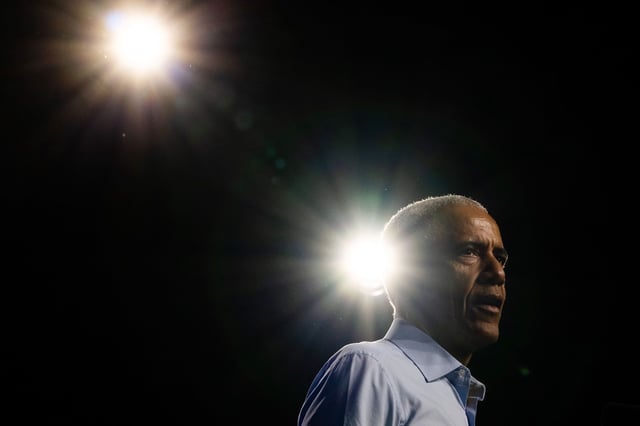 Former President Barack Obama speaks during a campaign event at the Baird Center on November 3, 2024, in Milwaukee, Wisconsin.
