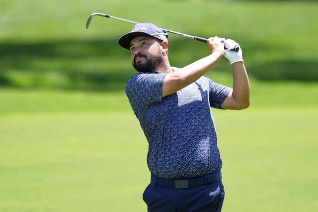 May 17, 2025; Charlotte, North Carolina, USA; J.J. Spaun takes a shot on the second hole during the third round of the PGA Championship golf tournament at Quail Hollow. Mandatory Credit: Jim Dedmon-Imagn Images/File Photo