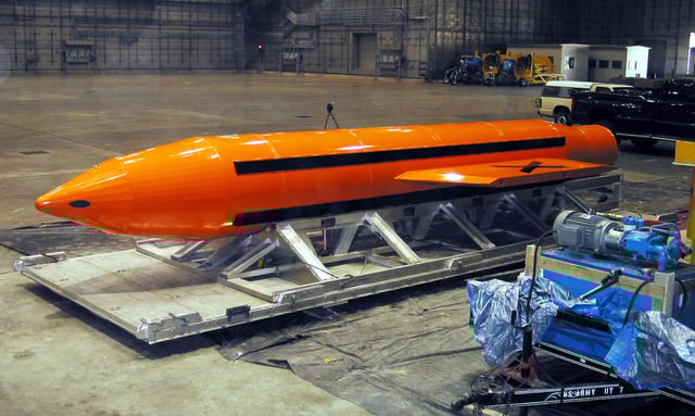 This U.S. Department of Defense (DoD) handout photo shows the Massive Ordinance Air Blast (MOAB) weapon at Eglin Air Force Base, Florida on March 11, 2003. The 21,000 pound bomb was dropped from a C-130 Hercules aircraft at the Eglin test range March 11, 2003.