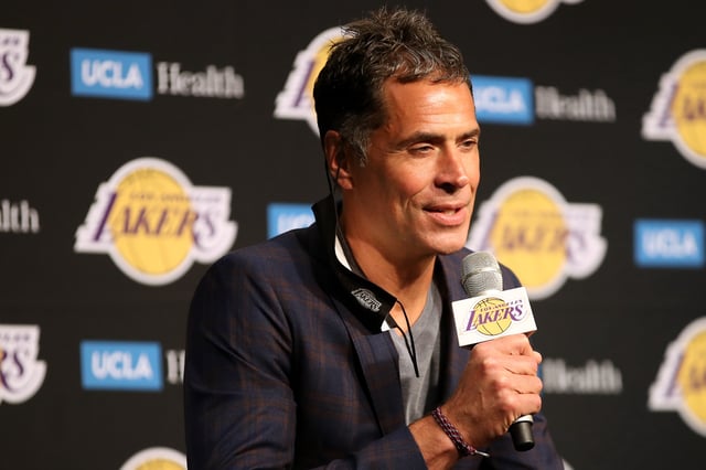 General manager Rob Pelinka of the Los Angeles Lakers talks with media during a press conference at Staples Center on August 10, 2021 in Los Angeles, California.