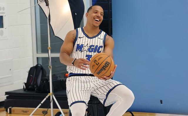 Orlando Magic guard Desmond Bane is introduced during a press conference at the AdventHealth Training Center in Orlando on Tuesday, June 17, 2025. Bane was acquired by the Magic in a trade with Memphis. (Stephen M. Dowell/Orlando Sentinel)