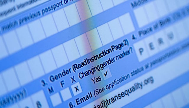 A partially completed passport application, with an X gender marker, is seen on a computer monitor in Alexandria, Virginia, on April 11, 2022.