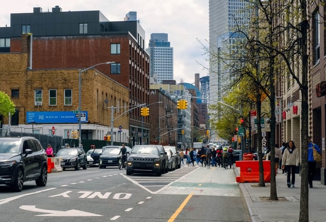 A protected bike lane is pictured on Bedford Ave. in Williamsburg, Brooklyn, in 2024. (Shutterstock)