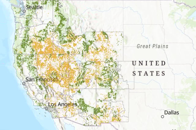 Map key showing public lands eligible for sale under the Senate reconciliation bill: BLM lands in yellow and USFS lands in green.