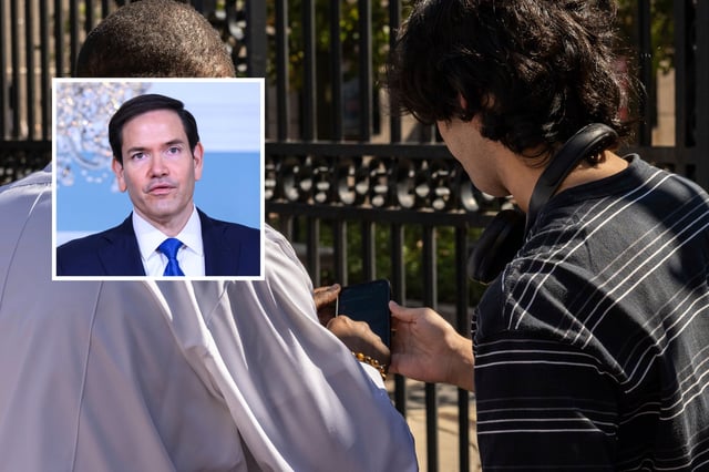 Inset: US Secretary of State Marco Rubio poses during a meeting with the Kazakhstan deputy prime minister and foreign minister in the Treaty Room of the State Department in Washington, DC on June 12, 2025. Main: An employee checks phones as pro-Palestinian supporters hold picket line outside Columbia University, Tuesday, Sep. 3, 2024, in New York.
