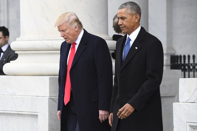 President Donald Trump and former President Barack Obama walk out of the East front prior to Obama&#39;s departure from the 2017 Presidential Inauguration at the U.S. Capitol.