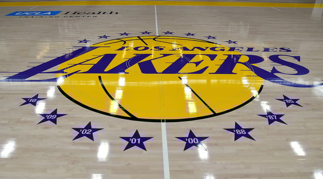 iew of the Los Angeles Lakers logo on the floor of the UCLA Health Training Center, their training faculity, on May 29, 2018 in Los Angeles, California.