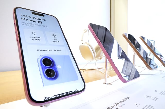 A row of iPhone 16s on display in an Apple Store in Pittsburgh on Jan. 12, 2025.