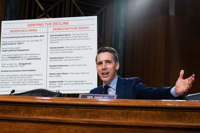 Sen. Josh Hawley, R-Mo., speaks during the Senate Judiciary Committee hearing Wednesday on the Biden administration use of the autopen.
