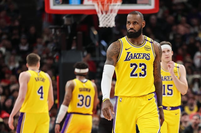LeBron James #23 of the Los Angeles Lakers looks on against the Chicago Bulls at the United Center on March 27, 2025 in Chicago.