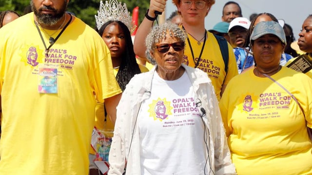 Opal Lee, 98, (center) will not attend this year’s Walk of Freedom, recognizing the Juneteenth holiday, due to health concerns, but she plans to participate virtually. She’s shown here at the walk in 2023.
