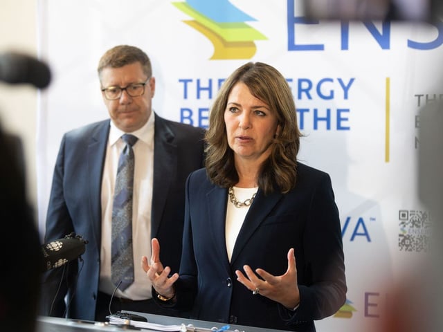 Alberta Premier Danielle Smith and Saskatchewan Premier Scott Moe take part in a joint press conference following a talk hosted by Enserva in  Calgary on Monday, June 16, 2025. Brent Calver/Postmedia