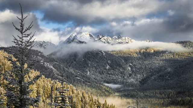 Landscape view of a mountain with trees in foreground. Mixed clouds partially obscure the mountain.