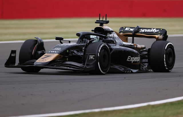 The Apex Grand Prix car of fictional driver Sonny Hayes, to be portrayed by Brad Pitt, for the upcoming Formula One based movie Apex, is seen driving on track prior to final practice ahead of the F1 Grand Prix of Great Britain at Silverstone Circuit on July 08, 2023 in Northampton, England.